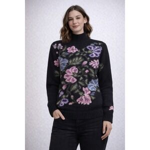 South Wool Hand Knitted Virgin Wool Floral Mock Neck‎ Sweater Black Vintage L